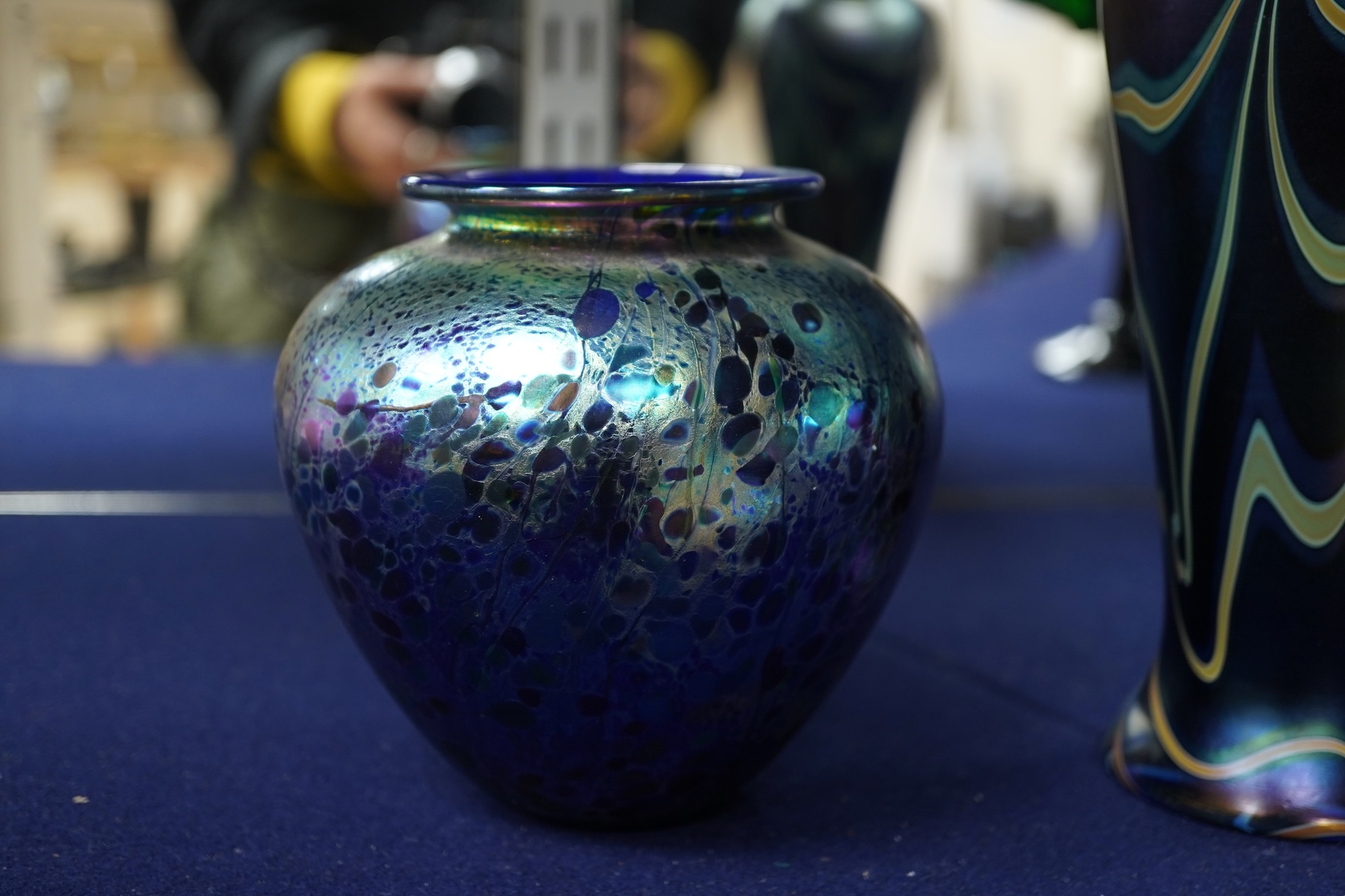 An Isle of Wight iridescent glass vase, Richard Golding Okra Luxor vase and Jack in Pulpit the box vase (3) tallest 38.5cm